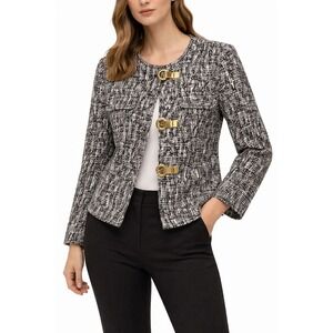 MICHAEL Michael Kors‎ Black White Textured Cropped Jacket Blazer Gold Buckle P/S